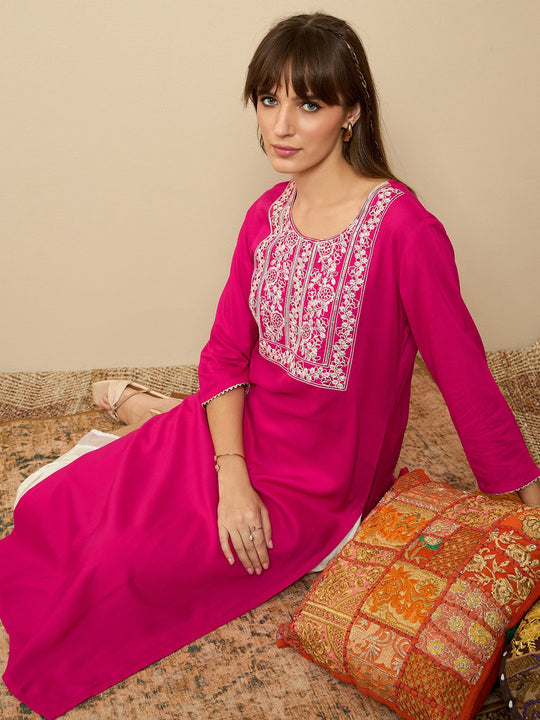 Indo Era Pink Embroidered Straight Kurtas