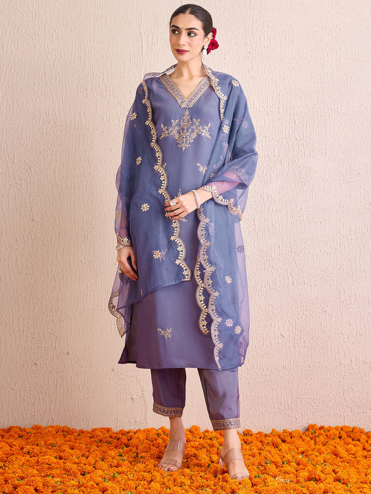 Indo Era Blue Straight Embroidered Kurta Trousers With Dupatta Set