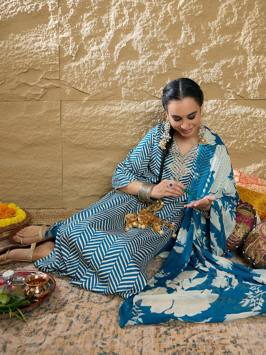 Indo Era Teal Printed Straight Kurta Trousers With Dupatta set