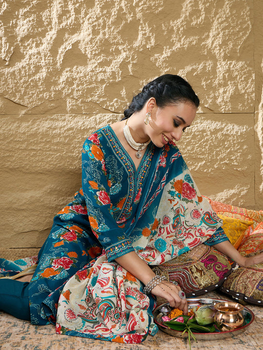 Indo Era Teal Printed Straight Kurta Trousers With Dupatta set