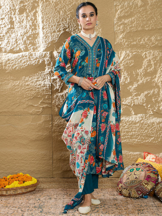 Indo Era Teal Printed Straight Kurta Trousers With Dupatta set