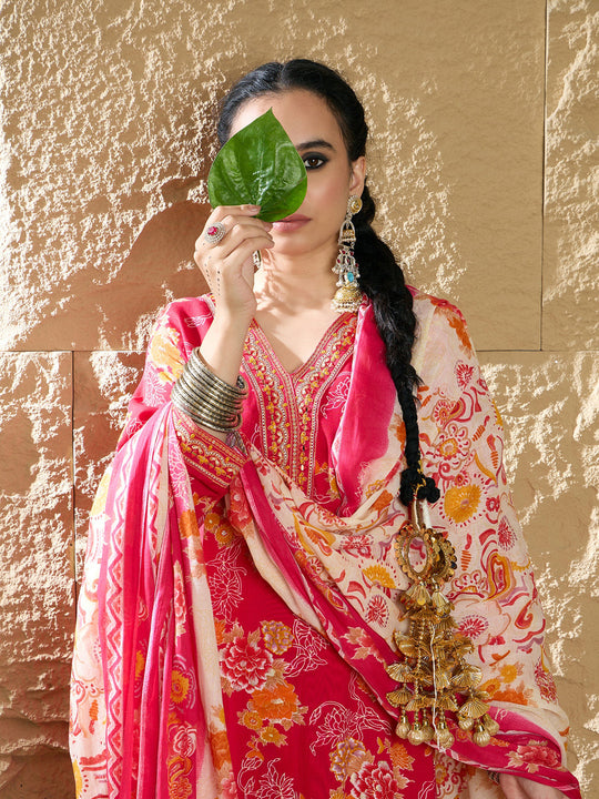 Indo Era Pink Printed Straight Kurta Trousers With Dupatta set