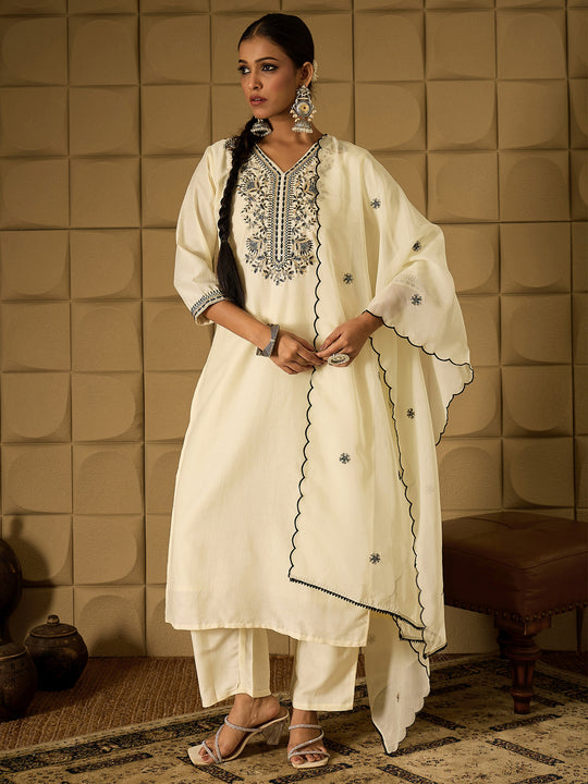 Indo Era White Embroidered Straight Kurta Trousers With Dupatta set