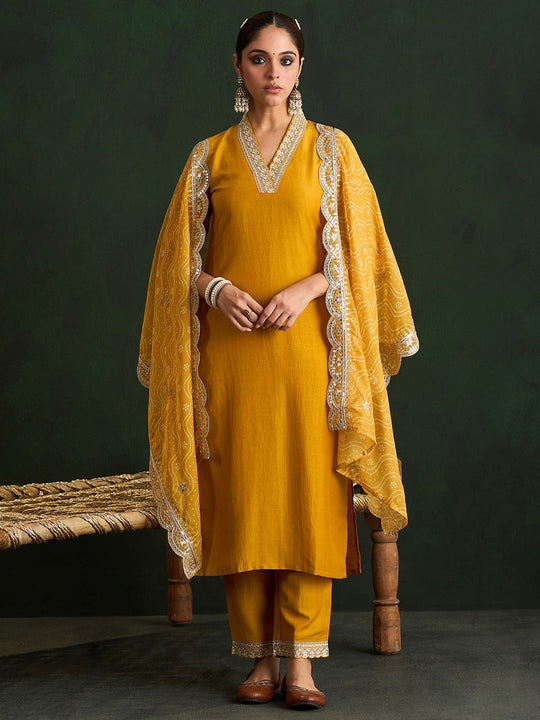Indo Era Mustard Embroidered Straight Kurta Trousers With Dupatta set