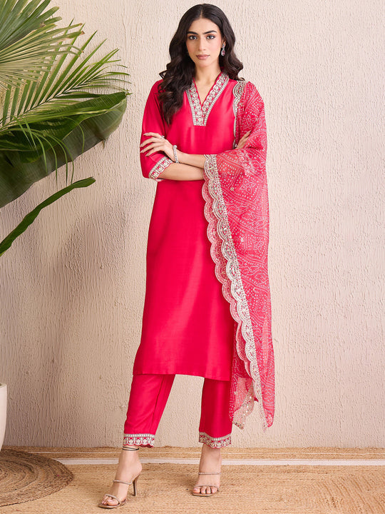 Indo Era Pink Embroidered Straight Kurta Trousers With Dupatta set