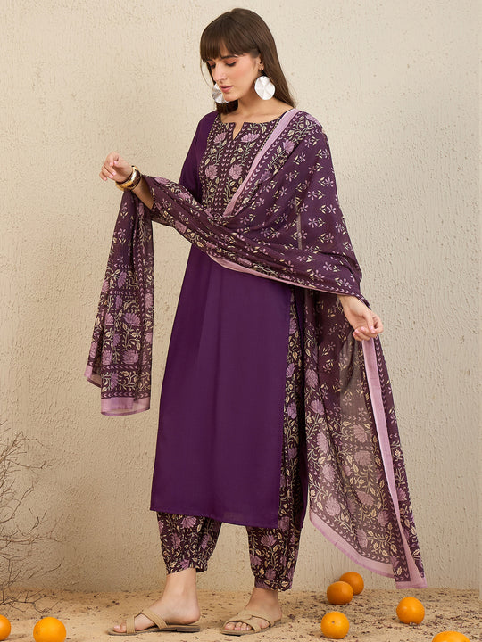 Burgundy Yoke Design Straight Kurta Salwar With Dupatta