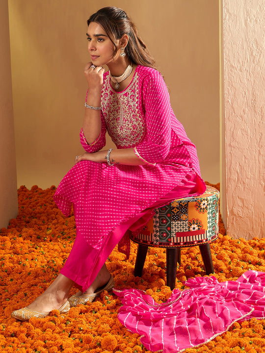 Indo Era Pink Printed Straight Kurta Trousers With Dupatta set