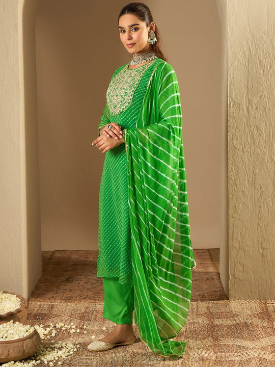 Indo Era Green Printed Straight Kurta Trousers With Dupatta set