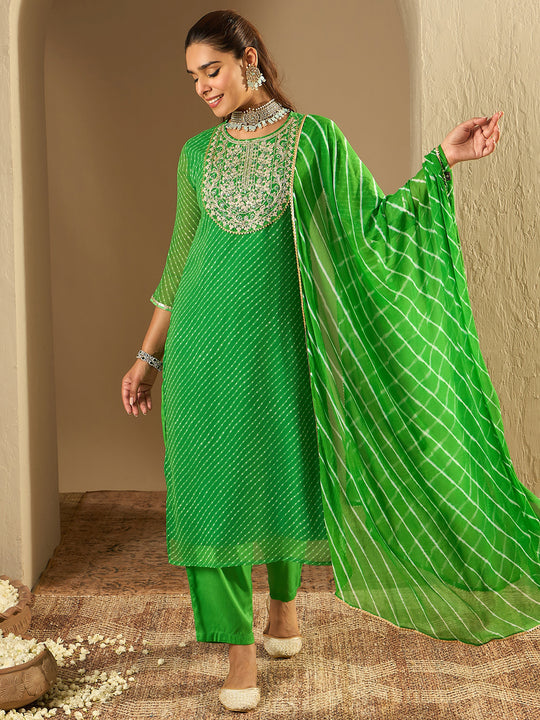 Indo Era Green Printed Straight Kurta Trousers With Dupatta set