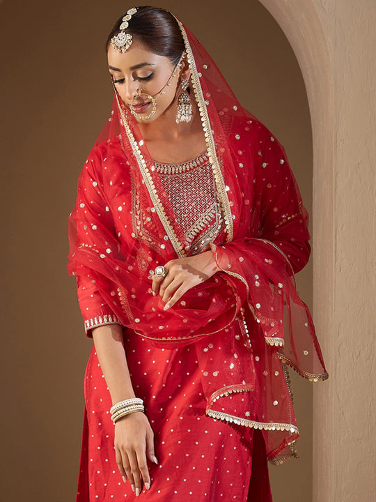 Indo Era Red Embroidered Straight Kurta Trousers With Dupatta  Set