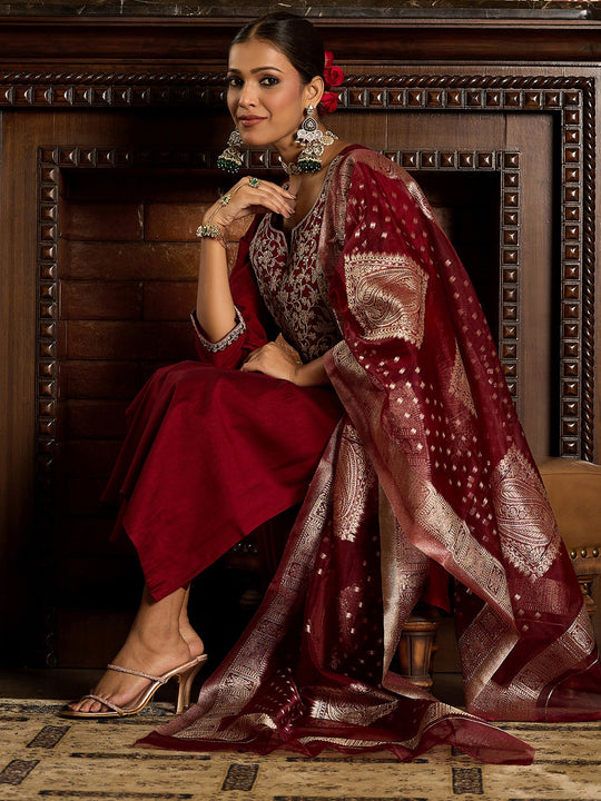 Maroon Embroidered Straight Kurta Trousers With Dupatta