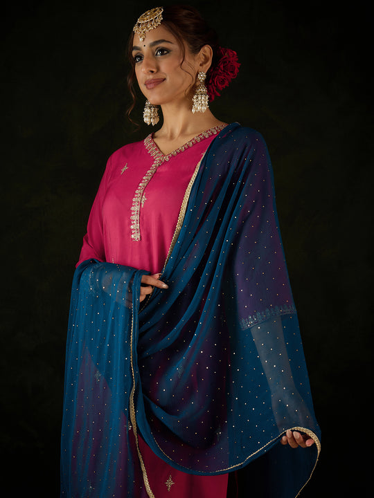 Indo Era Magenta Embroidered Straight Kurta Trousers With Dupatta Set