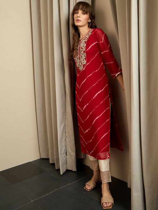 indo era Red Embroidered Straight Kurtas