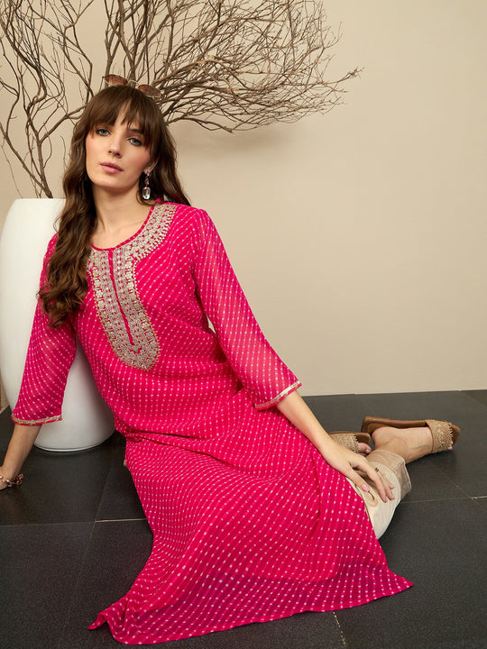 indo era Pink Embroidered Straight Kurtas