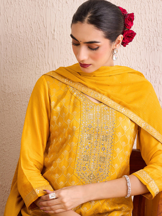 Indo Era Yellow Embroidered Straight Kurta Trousers With Dupatta set