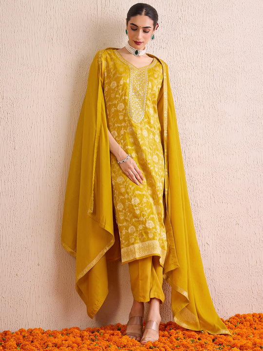 Indo Era Yellow Embroidered Straight Kurta Trousers With Dupatta set