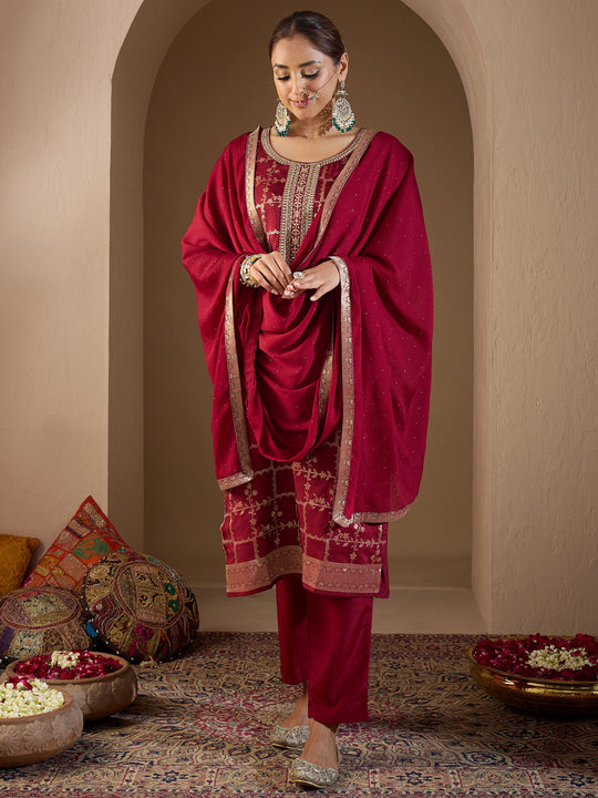 Indo Era Maroon Embroidered Straight Kurta Trousers With Dupatta set