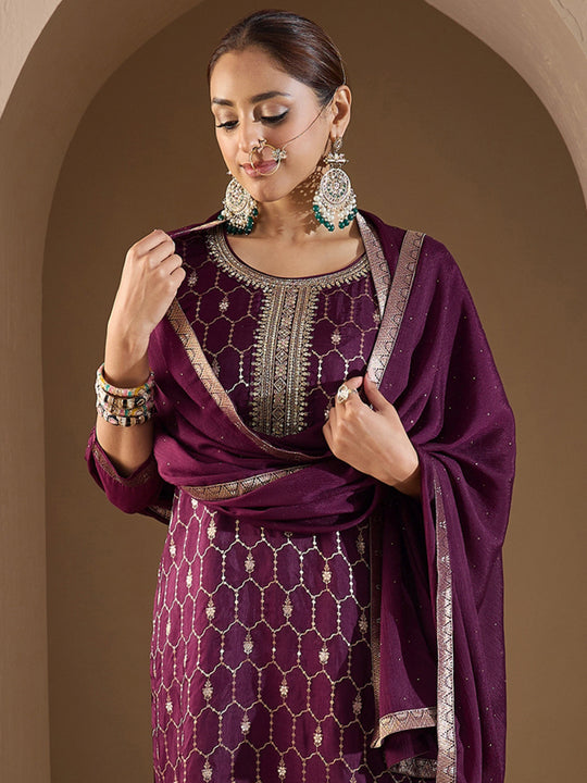 Indo Era Burgundy Embroidered Straight Kurta Trousers With Dupatta set
