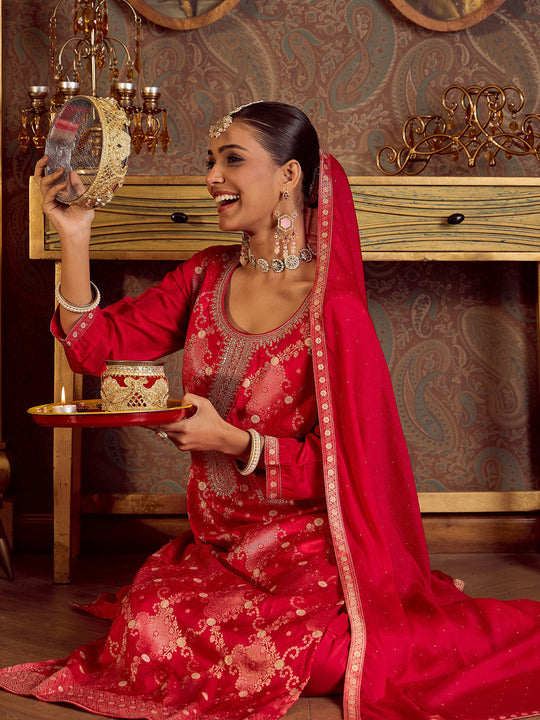 Indo Era Magenta Embroidered Straight Kurta Trousers With Dupatta set