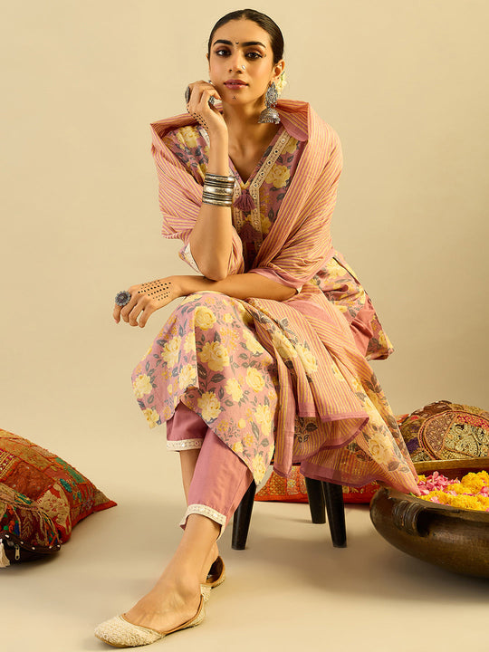 Indo Era Mauve Printed Straight Kurta Trousers With Dupatta set