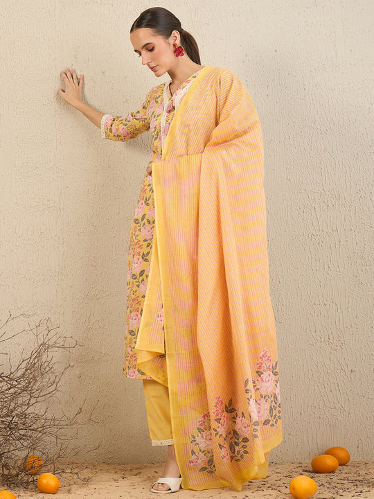 Indo Era Yellow Printed Straight Kurta Trousers With Dupatta set