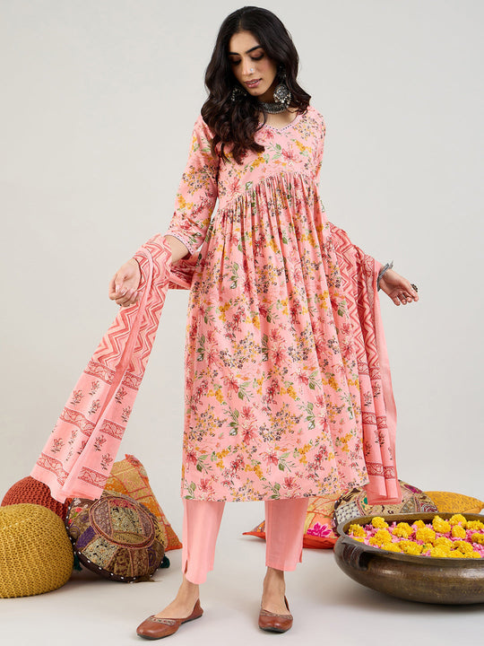 Indo Era Pink Printed A-Line Kurta Trousers With Dupatta set