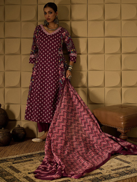 Indo Era Burgundy Printed A-Line Kurta Trousers With Dupatta set