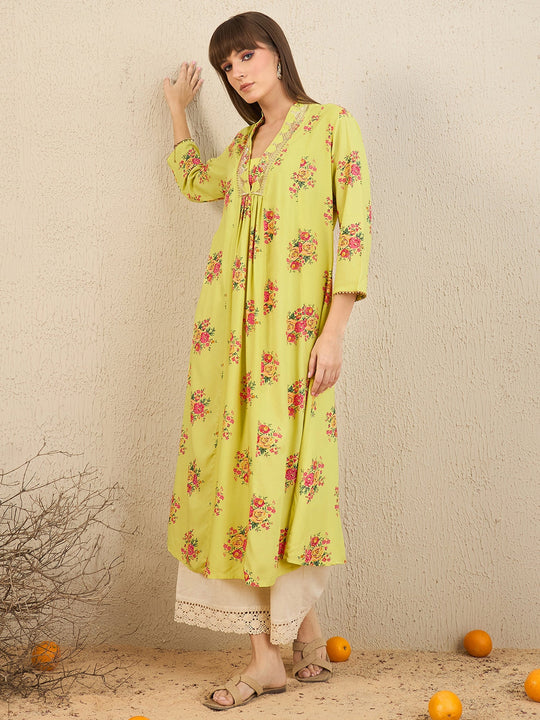 Indo Era Yellow Printed A-Line Kurtas