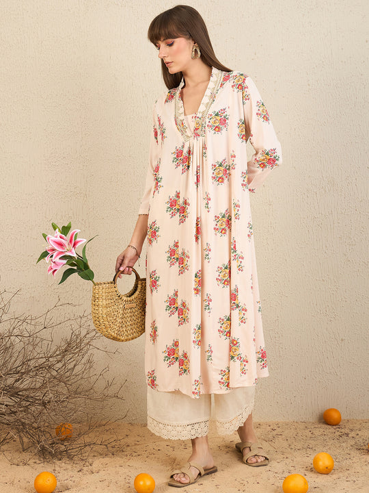 Indo Era White Printed A-Line Kurtas