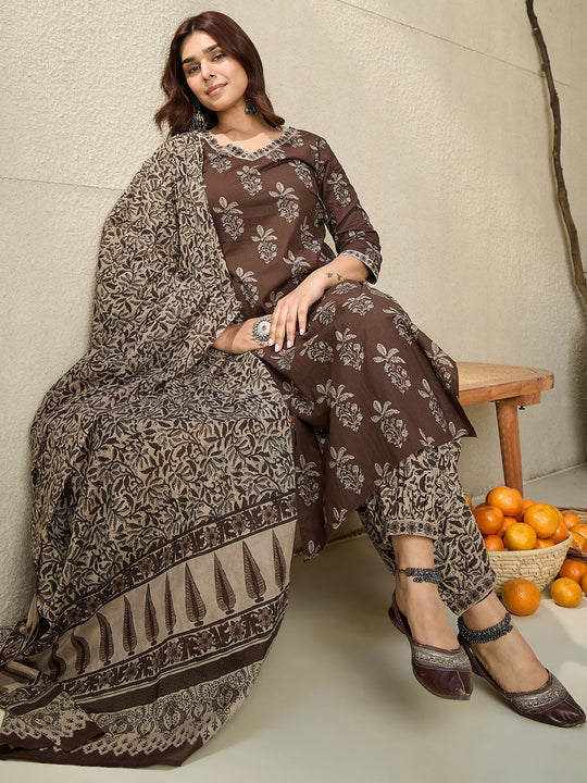 Indo Era Brown Printed Straight Kurta Salwar With Dupatta set