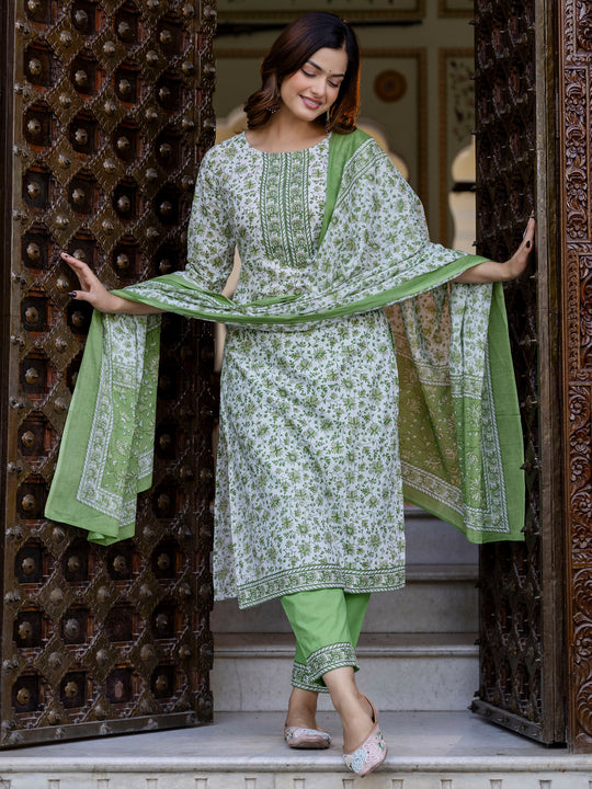 Indo Era Green Printed Straight Kurta Trousers With Dupatta Set