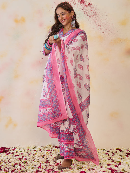 Indo Era White Printed Straight Kurta Palazzos With Dupatta set