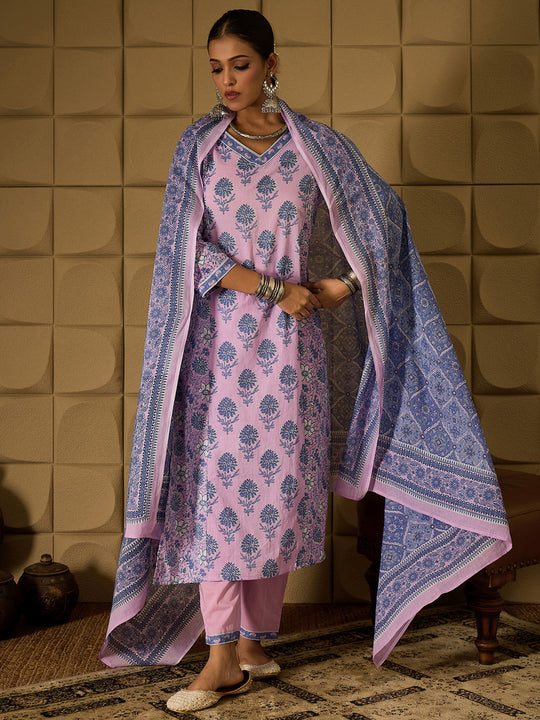 Indo Era Lavender Printed Straight Kurta Trousers With Dupatta Set