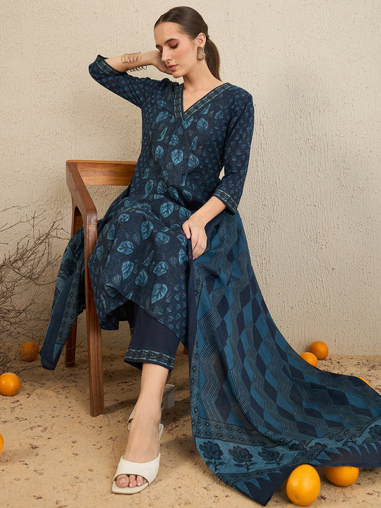 Indo Era Blue Printed A-Line Kurta Trousers With Dupatta Set