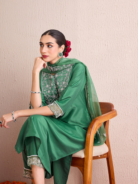 Indo Era Green Embroidered Straight Kurta Trousers With Dupatta set