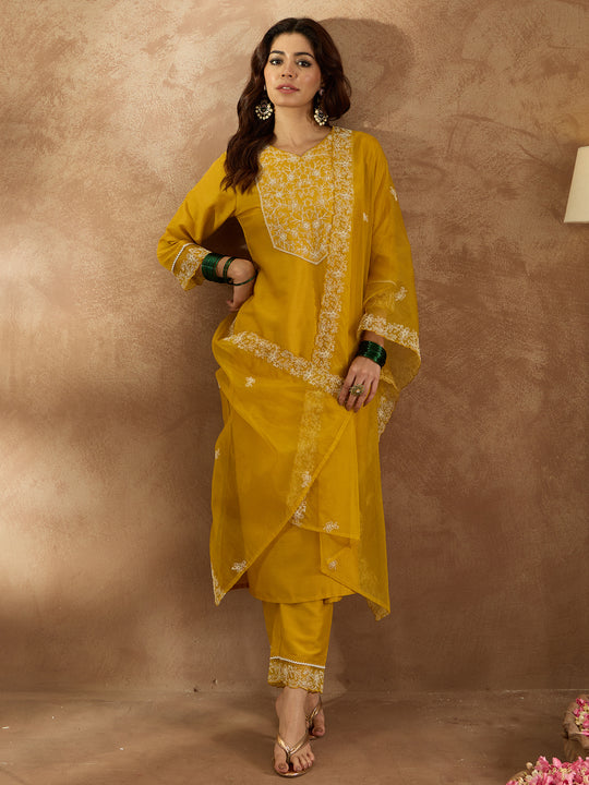 Indo Era Yellow Embroidered Straight Kurta Trousers With Dupatta set