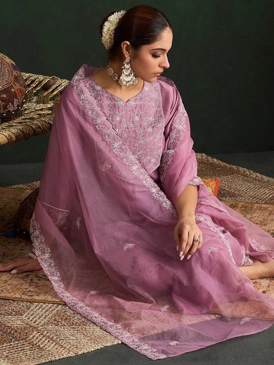 Indo Era Mauve Embroidered Straight Kurta Trousers With Dupatta set