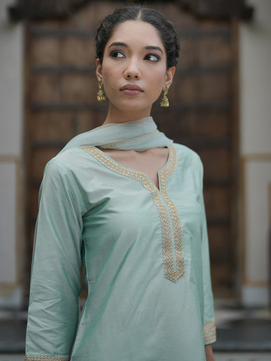 Sea Green Embroidered Straight Kurta Trousers With Dupatta