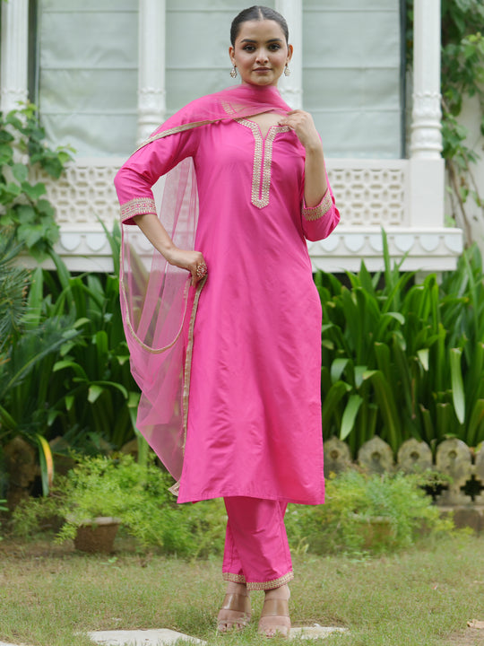 Indo Era Pink Embroidered Straight Kurta Trousers With Dupatta set