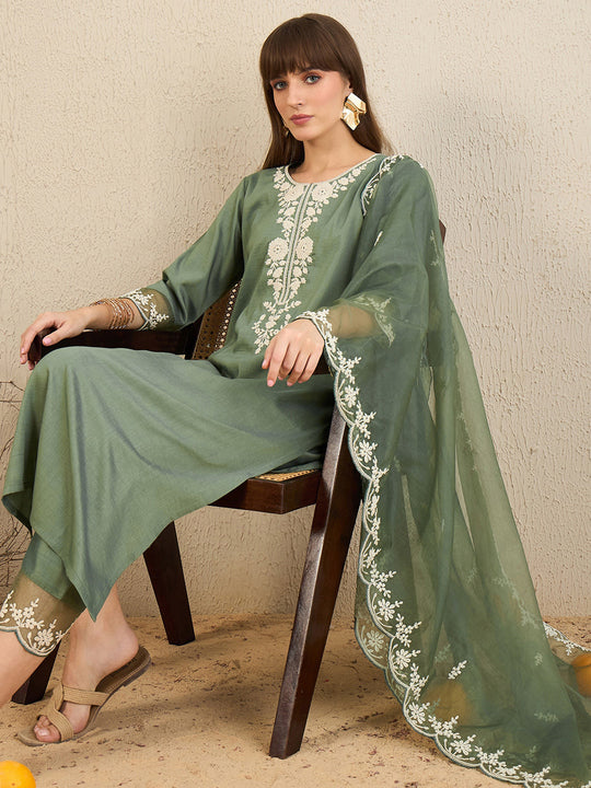 Green Embroidered Straight Kurta Trousers With Dupatta