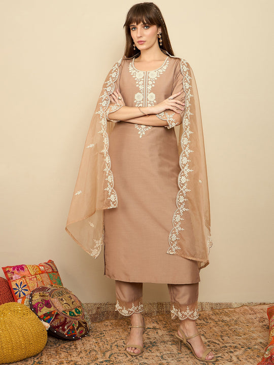 Indo Era Brown Embroidered Straight Kurta Trousers With Dupatta set