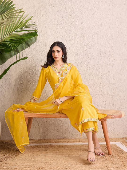 Indo Era Yellow Embroidered Straight Kurta Trousers With Dupatta set