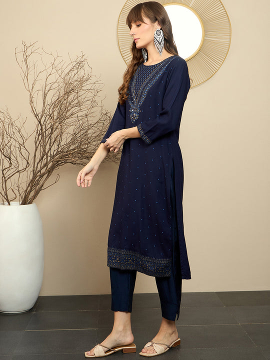 Indo Era Blue Printed Straight Kurtas