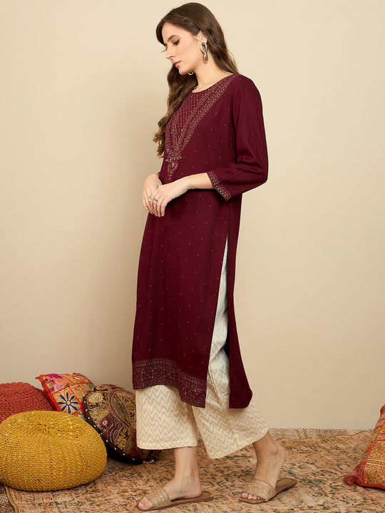 Indo Era Maroon Printed Straight Kurtas