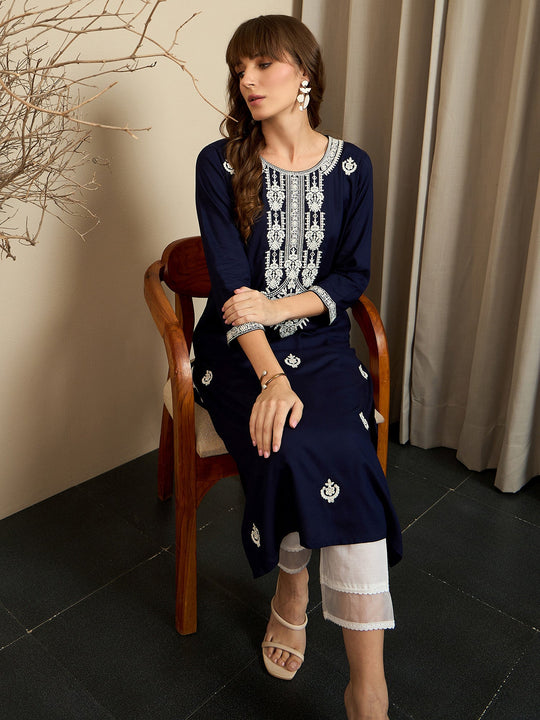 Indo Era Navy Blue Embroidered Straight Kurtas