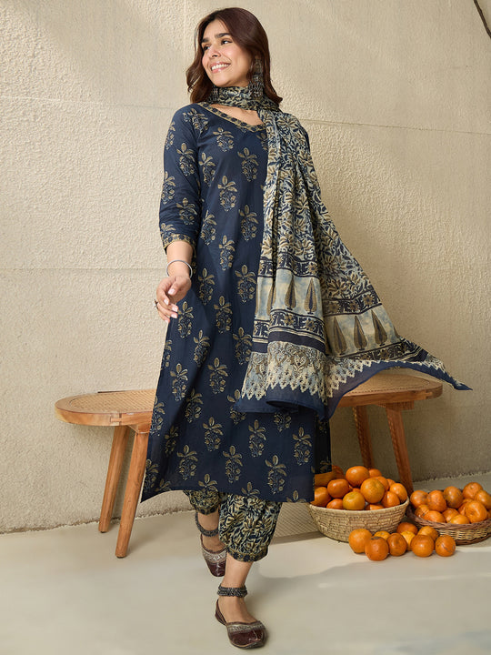 Indo Era Blue Printed Straight Kurta Salwar With Dupatta set