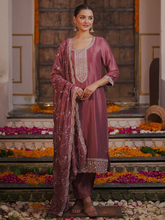 Indo Era Mauve embroidered Kurta with Trousers with dupatta