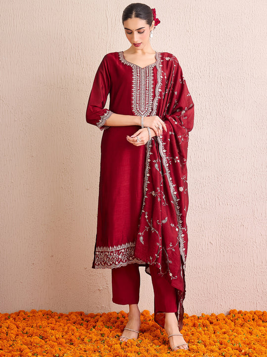 Indo Era Maroon Embroidered Straight Kurta Trousers With Dupatta set