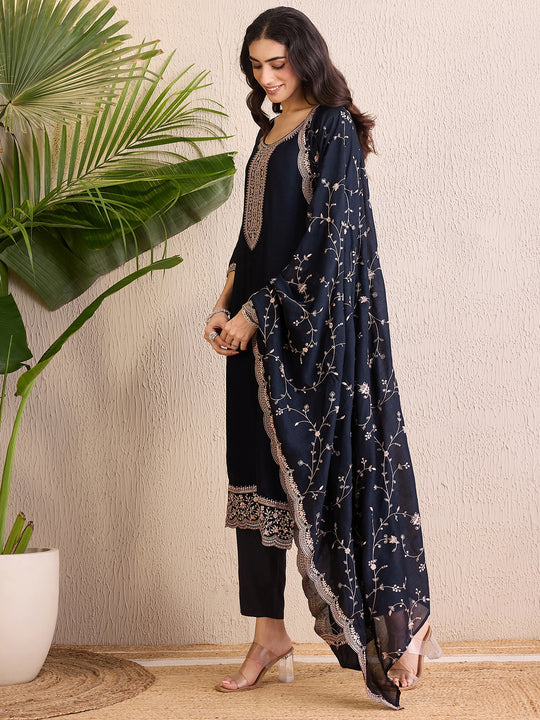 Indo Era Navy Blue Embroidered Straight Kurta Trousers With Dupatta set