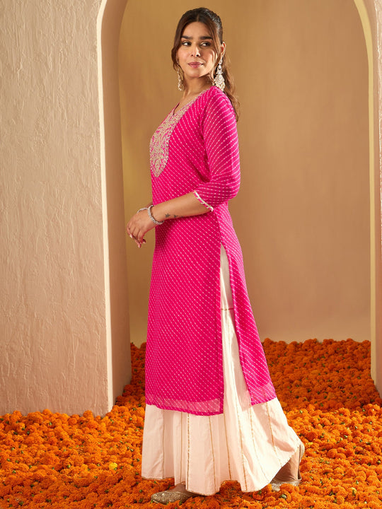 Indo Era Pink Embroidered Straight Kurtas